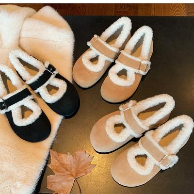 Cowhide~ Grape Mother, the Same Round Head with Small Low Heels and Light Mouth Cotton Shoes, Fluffy and Plush Mary Jane Shoes for Women's Winter