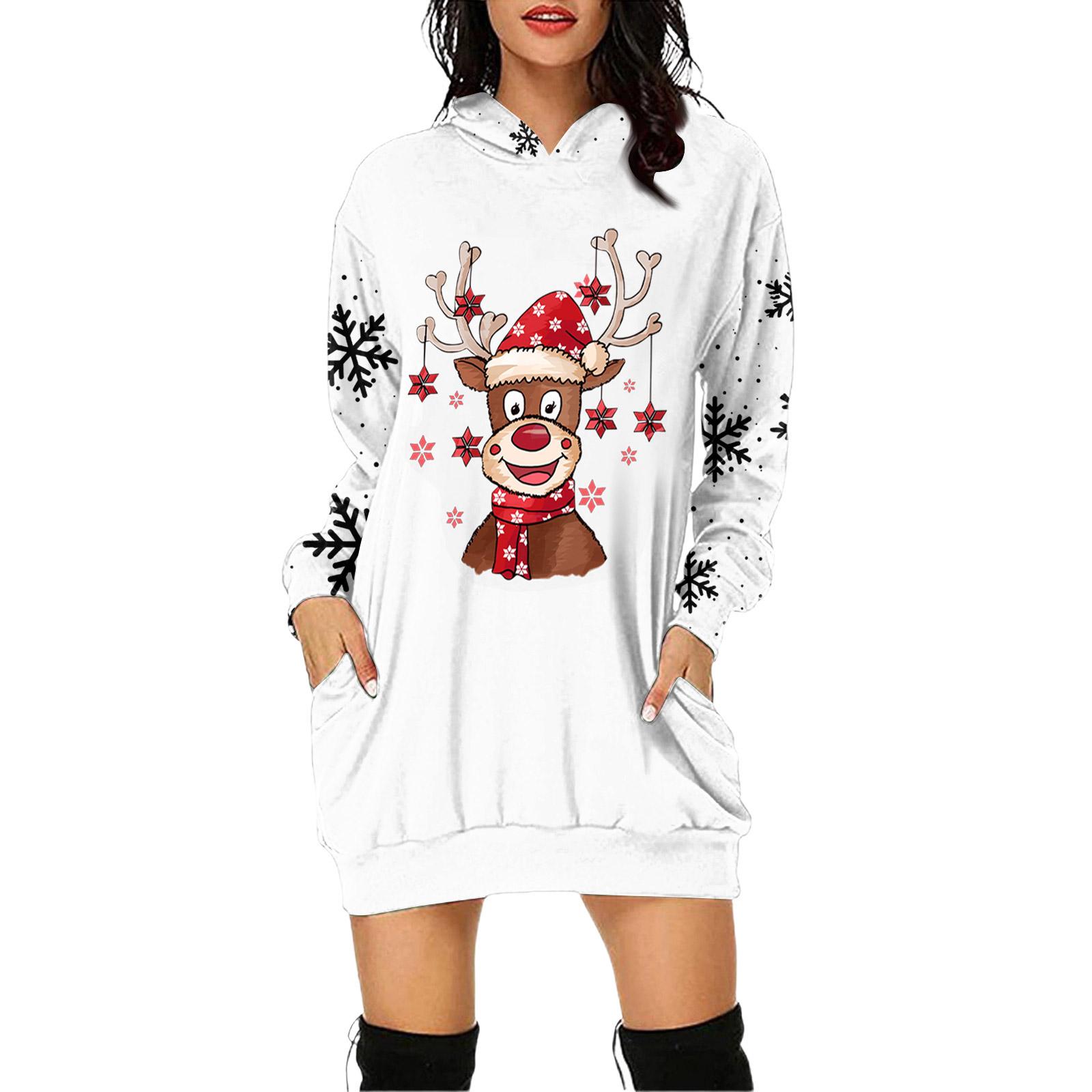 

Женское платье-пуловер с капюшоном и карманом с рождественским принтом и длинным рукавом S белый