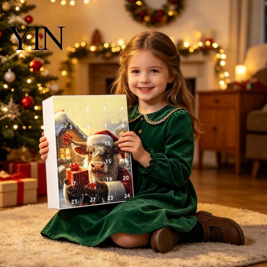 Decorative Acrylic Ornaments for Windows Doors Christmas Advent Calendar, 24 Day Countdown Box with Highland Cow Hanging Tree Pendants, Festive Decor,