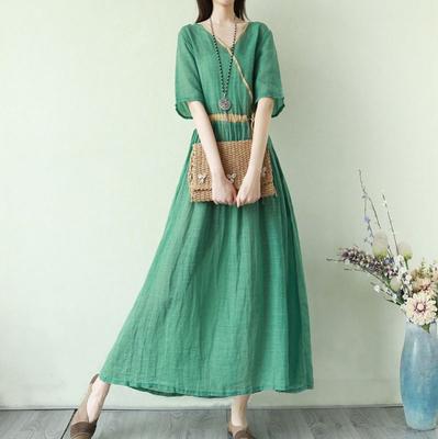 Solid Color Cotton and Linen Long Dress Women's 2025 Summer New Loose Short-sleeved V-neck Waist A-word Dress