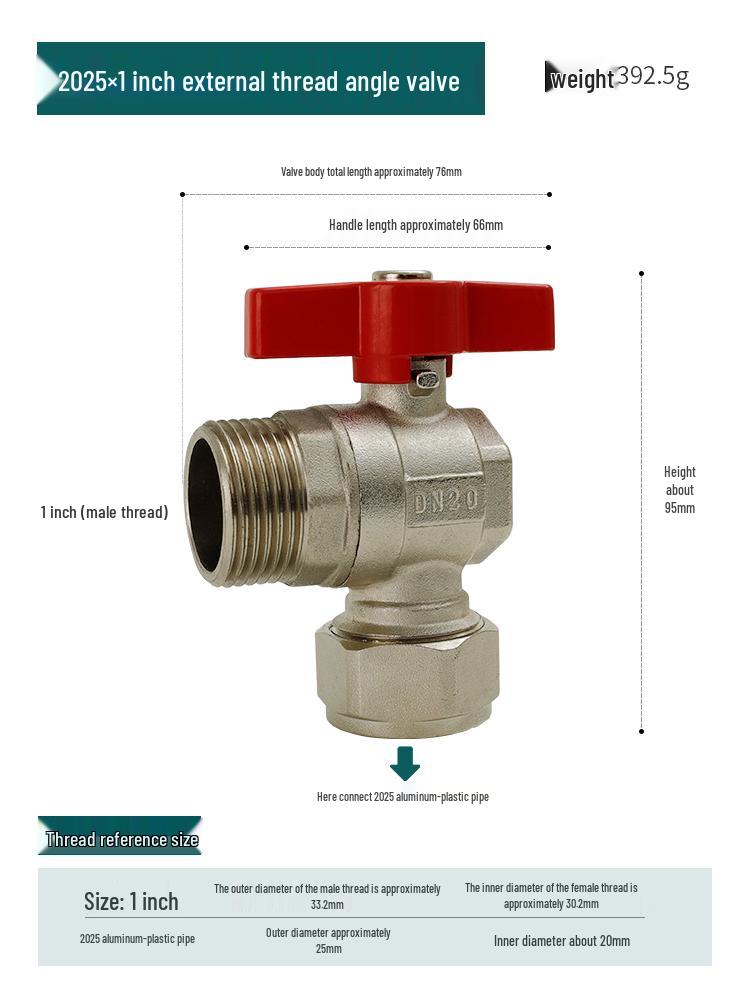 All-Copper Large Flow Angle Gas Pipe Boiler Ball Valve with Aluminum-Plastic Pipe External Thread (4-point, 6-point)
