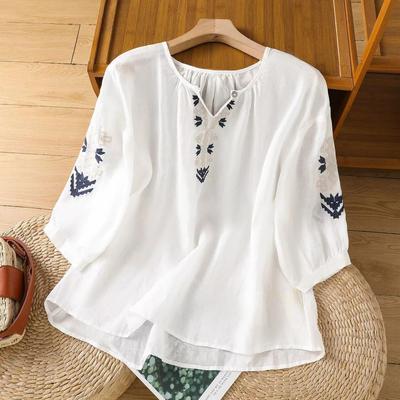 Women's Clothing Blouses Vintage Embroidered Shirts Loose Summer Clothing Short Sleeved Cotton Linen Women Tops