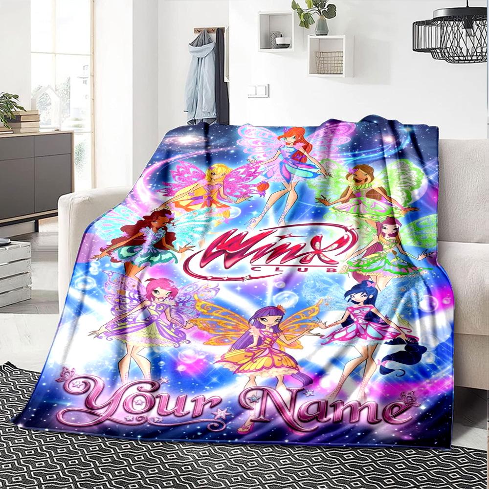 Name Custom Winx Club Cartoon Print Flannel Blanket High Quality Warm Comfortable Cover for All Seasons Perfect for Gifts Home Decor