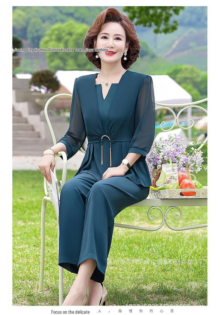 Elegante Traje de Gasa: Conjunto de Dos Piezas con Top de Manga Larga y Pantalones para Mujer, Elegante Moda de Verano para Edades 40-50+