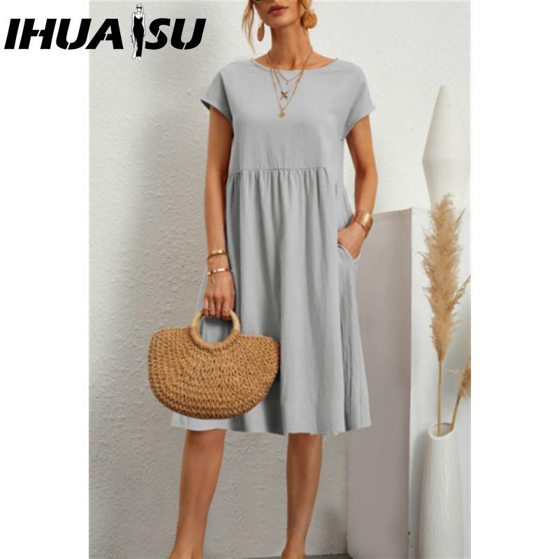 IHUASU Women's Fashion Summer Spring Solid Color Print O-Neck High Waist Casual Dresses