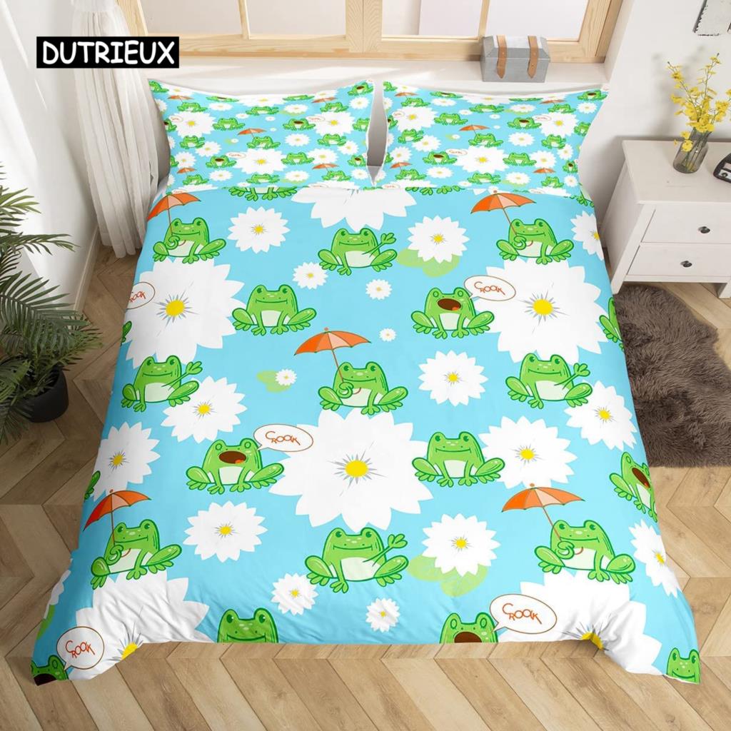 Cartoon Frog Duvet Cover Set Light Green Cartoon Frogs Cute Dragonfly Animal Bedding Set for Kid Twin Size Polyester Quilt Cover