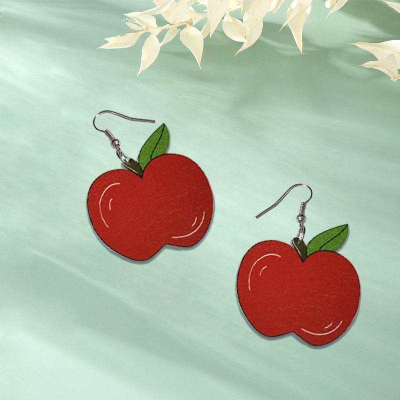 Red apple simulated earrings, earrings, wooden fashion, lively and cute, little fresh, school season, graduation season