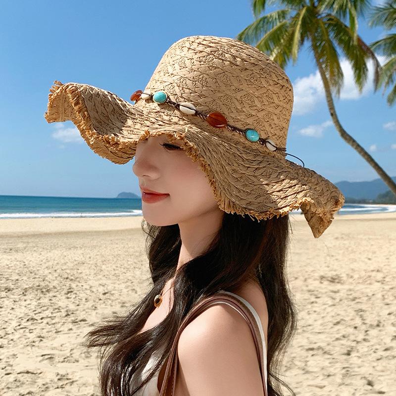 Wide-brimmed beaded sunshade straw hat for women, summer seaside vacation beach hat, fashionable face-shading French-style sun hat