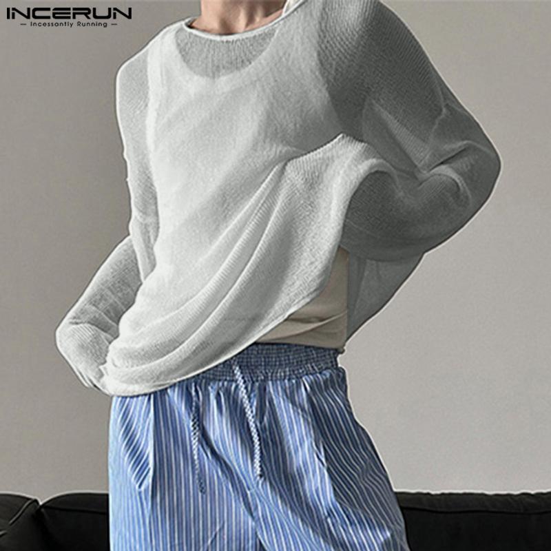 INCERUN Men Scoop Neck Long Sleeve Loose See Through Rib Undershirts Basics Tops