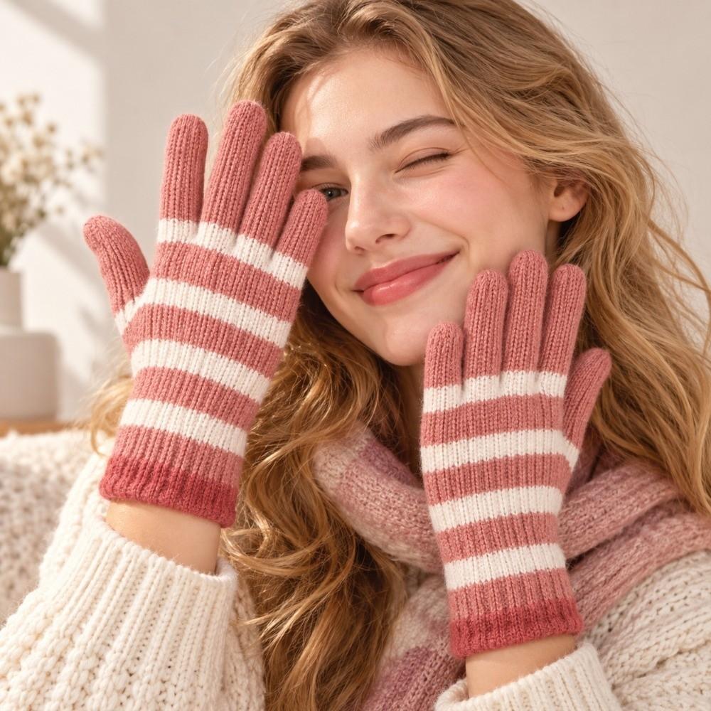 1 Pair Touchable Screen Striped Knitted Gloves Winter Women's Gloves Autumn Winter Season