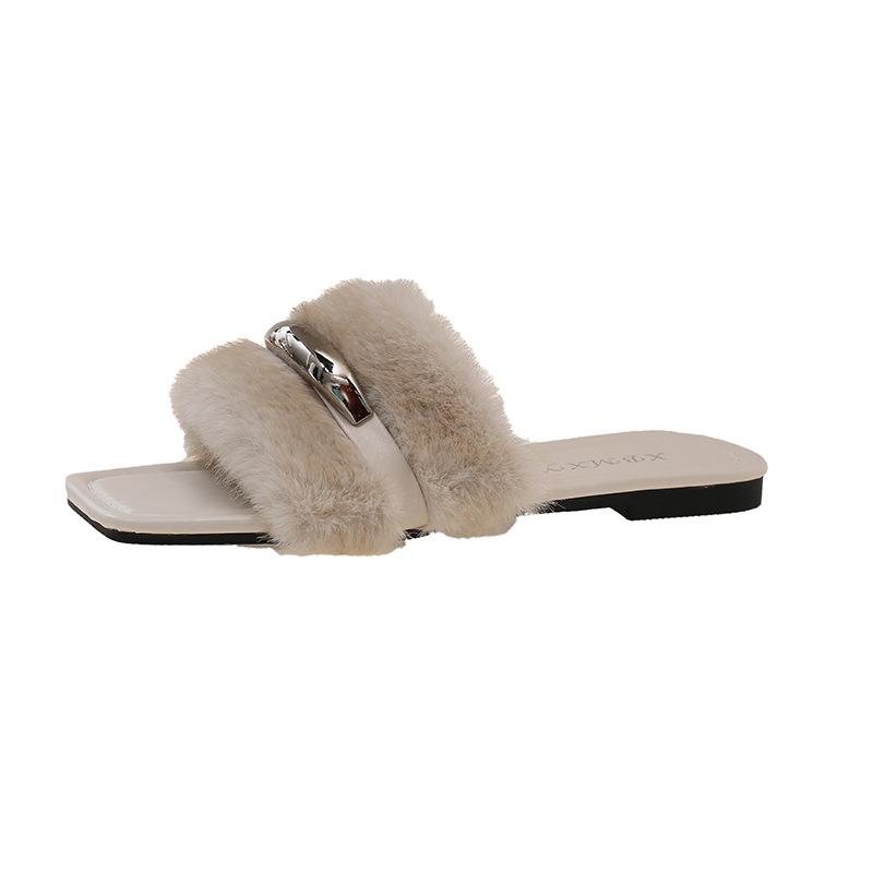 

French platform leopard print one-line with fur slippers for women wearing the new muffin-sole plush cotton slippers for autumn and winter 2025 35