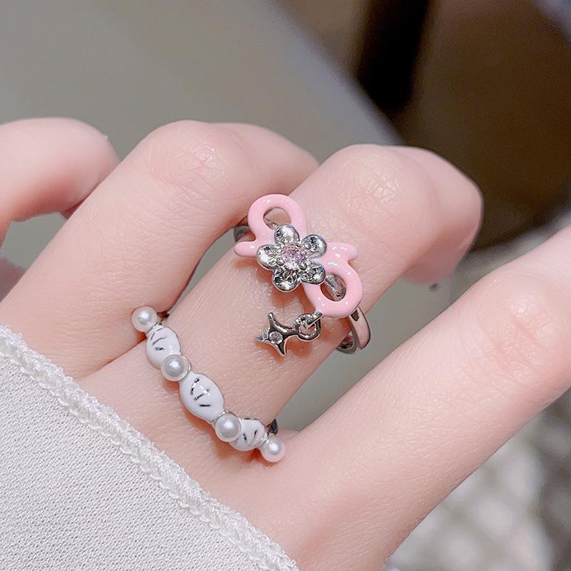 Dopamine White Shell Pink Oil Drop Bow Open Ring Female Niche Design Ring Index Finger Ring