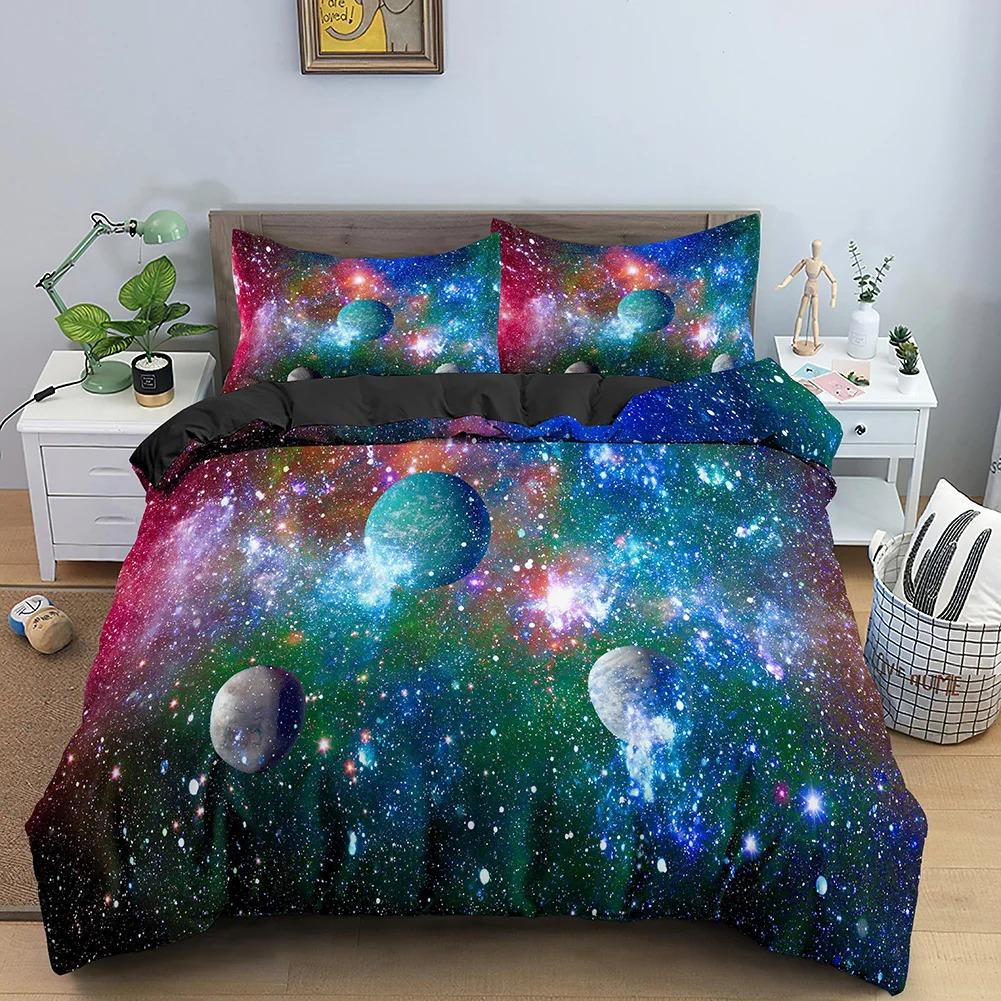 Galaxy Space Bedding Set 3D Universe Duvet Cover Psychedelic Quilt Cover With Zipper Queen Double Comforter Sets Kids Gifts
