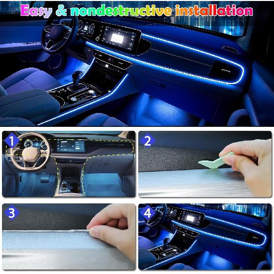 6 In 1 Car Led Strip Lights With App Control, RGB Colors Interior Car Lights, Ambient Led Lighting Kit, 4 Light Flashing Modes, USB Neon Accessories