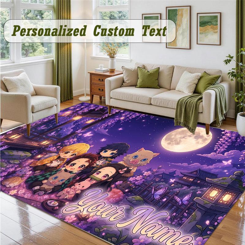 Crystal Velvet Square Rug Custom NameDemon Slayer Pattern Non Slip Home Floor Decor Rug