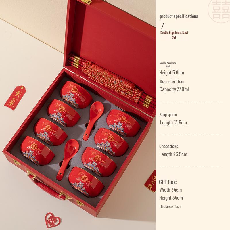 Double Happiness Red Ceramic Bowl Set: Wedding & Housewarming Gift Standard Size