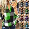 Stylish S-5xl Women's Long Sleeve Plaid T-shirt Blouse With V-neck Design