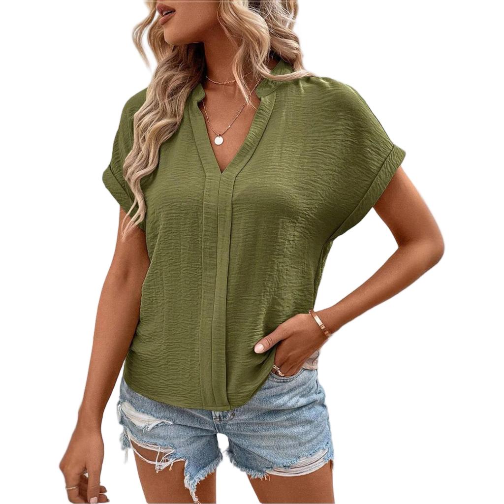 Women’s Short Sleeve Blouse Casual Loose Fit V Neck Top Lightweight Soft Fabric Summer Basic Shirt for Daily Wear