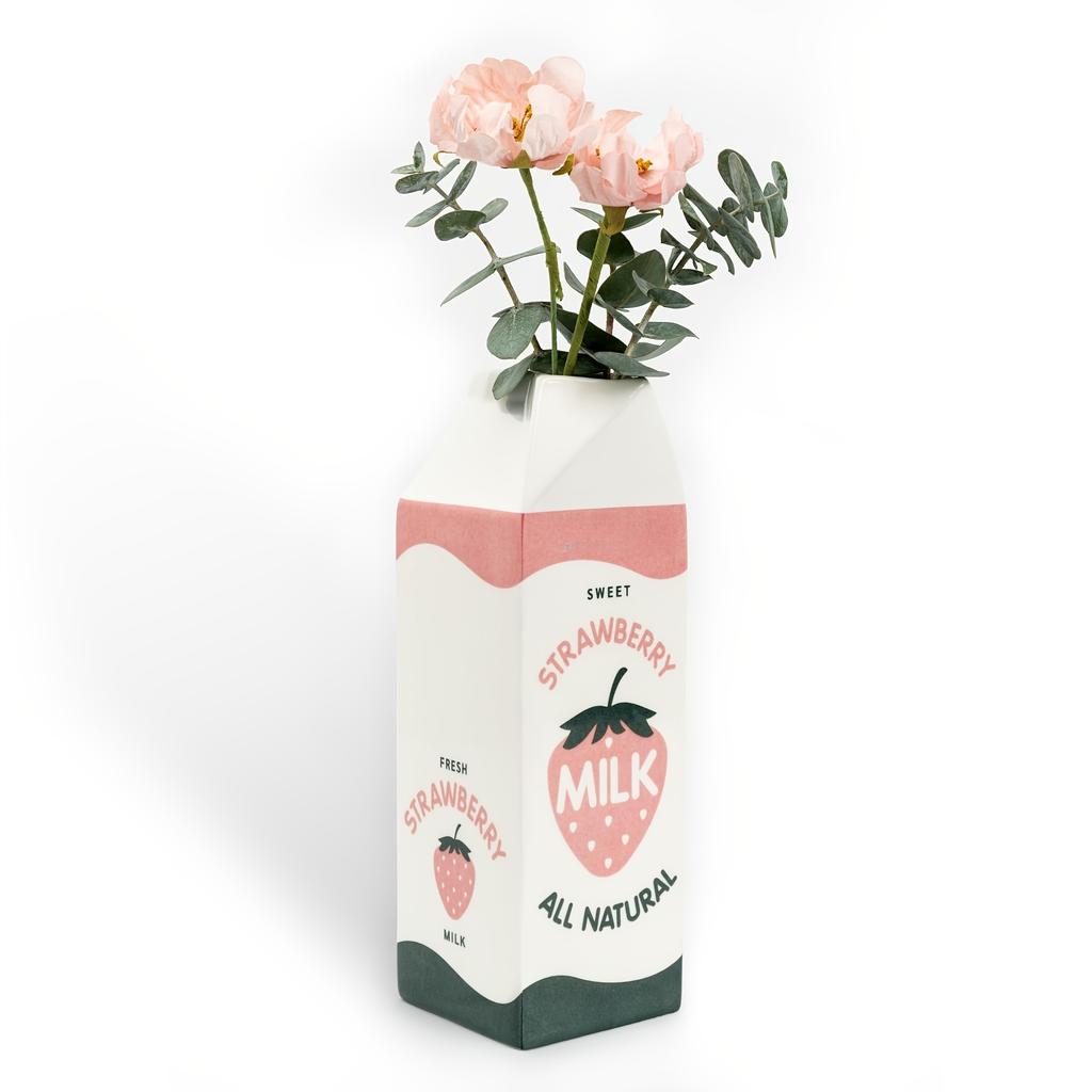 Vintage keramická váza ve tvaru krabice od jahodového mléka, obdélníková, dekorativní se svěží jahodou, design mléka, ideální pro domácí, kuchyňskou, kancelářskou dekoraci, roztomilé vázy