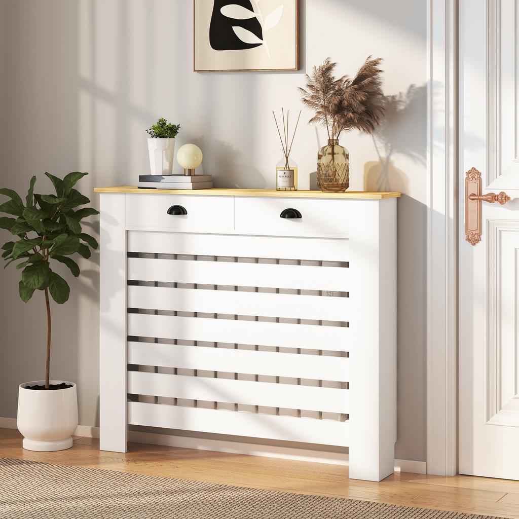 Radiator cover with horizontal slatted grille and 2 wooden drawers, 111W x 19D x 95.5H cm, white