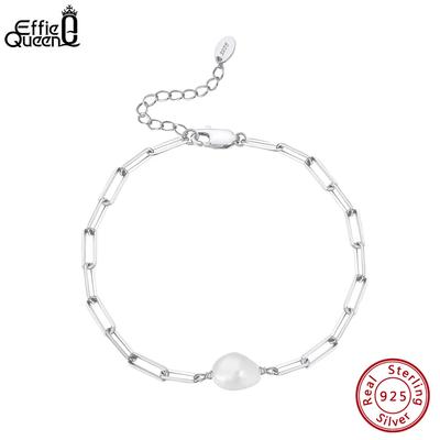 EFFIE QUEEN 925 Sterling Silver Paperclip Chain Bracelet with Real Pearl For Women Fashion Fine Wrist Chain Jewelry Gift GPB07