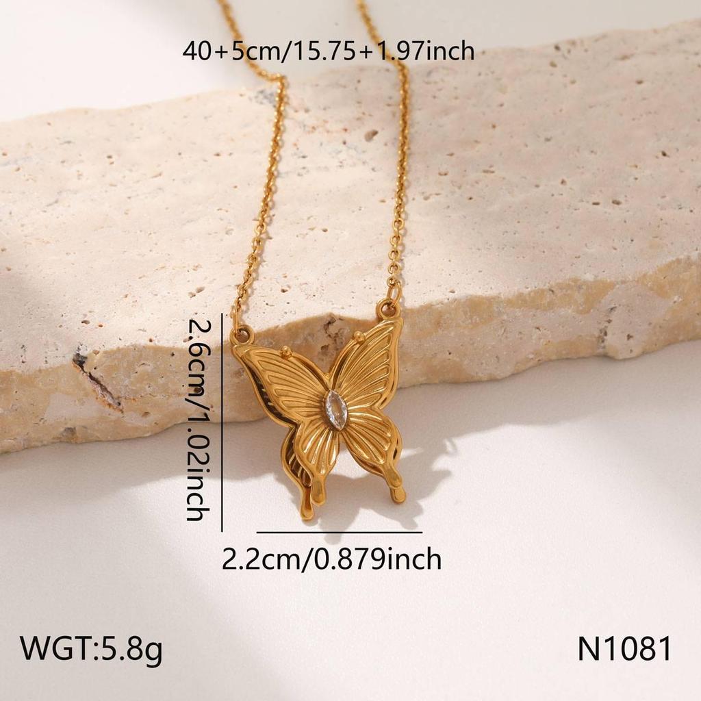 Elegant Butterfly Necklace - Gold-Plated Stainless Steel with Diamond Accents, Two-tone Design