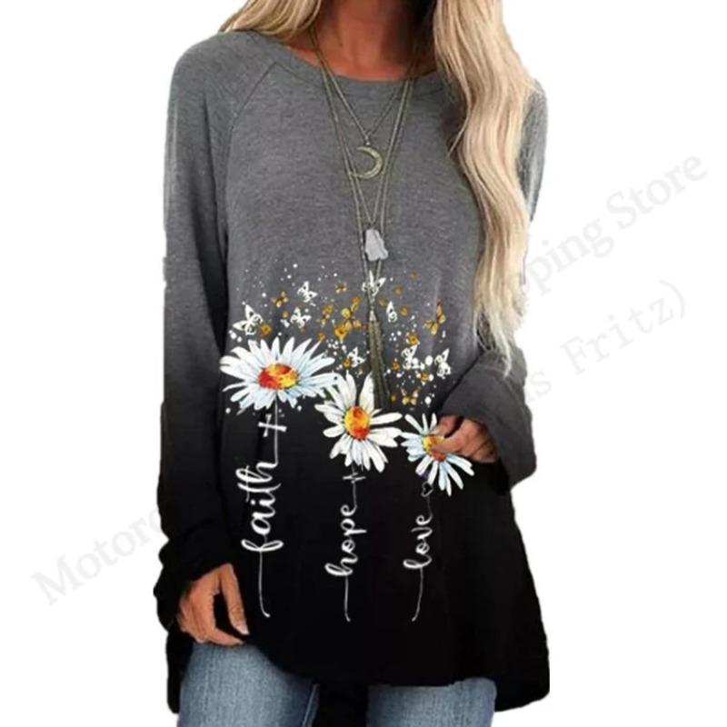 Spring and Autumn Round Neck Small Daisy Flower Pattern 3D Printed Top Fashionable Casual Long Sleeved Women's T-shirts