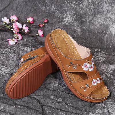 Damen Schuhe Sommer Keilsandalen Premium Orthopädisch Offene Zehenpartie Plateau Bestickte Schuhe Pantolette Vintage Frühling Rutschfest Leder Lässig Weiblich