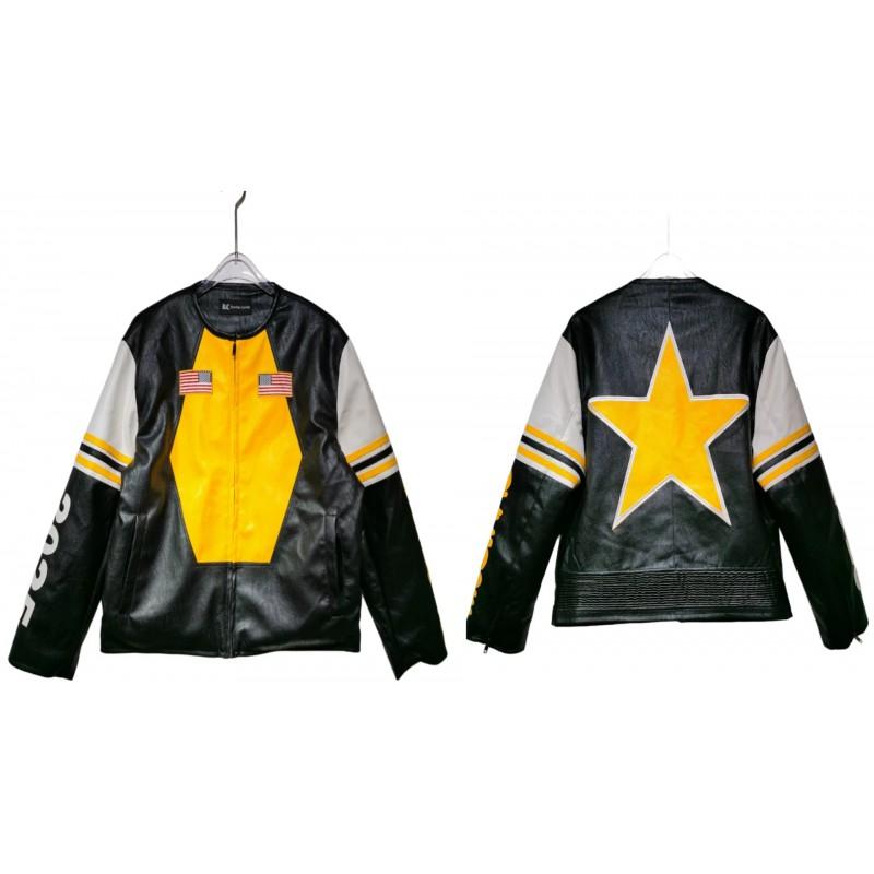 Vintage Biker Jacket PU Leather Black Yellow Color Block No Collar Racing Men