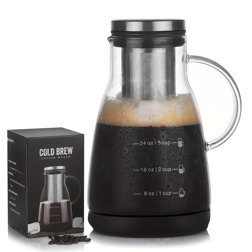 24oz Classic Glass Cold Brew Coffee Pitcher, Manual Pour-over Iced Coffee Maker, No-Electricity Glass Jug for Juice and Tea