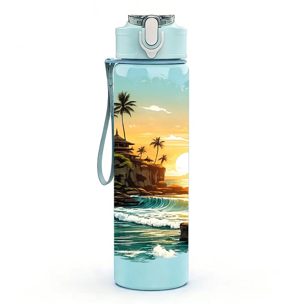 1PC Ocean Coast Sunrise Scenery Pattern 750ml Color Plastic Sports Water Bottle Leakproof Flip Straw Lid Suitable for Sports Office Home Use