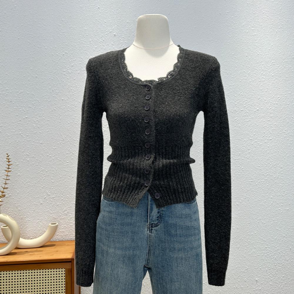 Sweet and Cool Lace Patchwork Round-neck Button Cardigan Long-sleeved Sweater for Women's Autumn Slim-fit Knitted Top