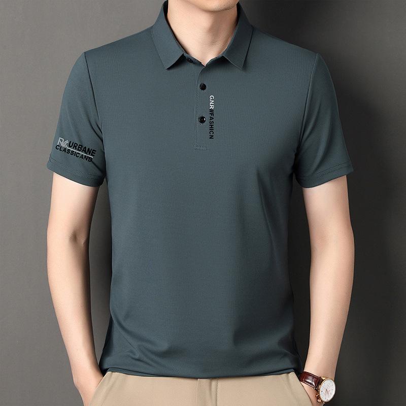 Men s Summer Solid Color Embossed Lapel Short Sleeve Business Casual T-shirt L