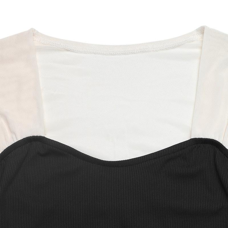 YYFS Damenmode Lässig Farbblockdruck Frühling Herbst Langarm Quadratischer Kragen Bodys