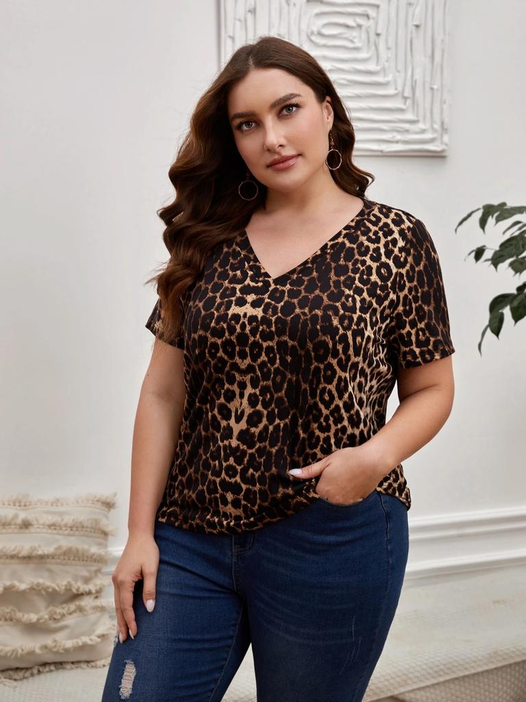 Plus Size Leopard Design Pattern Printed T-shirt Summer Fashionable High Quality Short Sleeved Casual Sports V-Neck Pullover Top