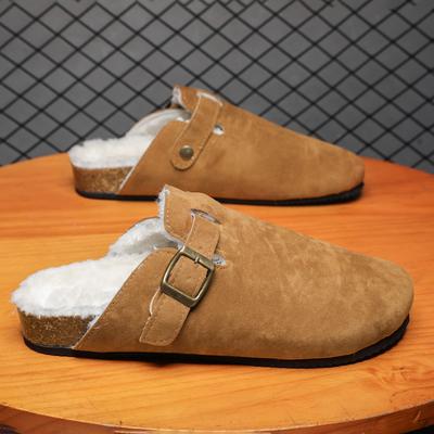 Men's Women's Suede Faux Fur Lined Clogs Buckle Strap Cork Sole Warm Slippers