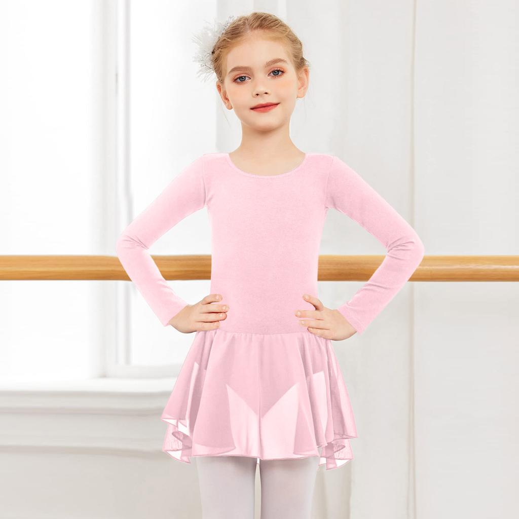 Girls' Color Long-sleeved Tulle Bodysuit Dance Costume