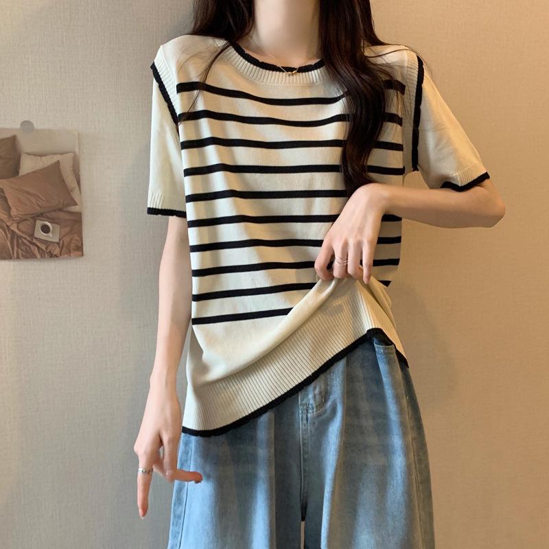 2026 Summer Plus Size Women s Ice Silk Striped Knit Top L