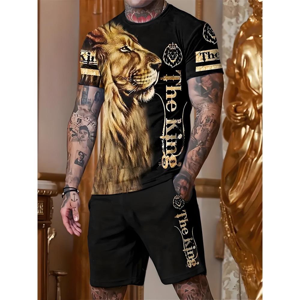 Fashion Lion Pattern Shorts Short Sleeved Set Men's Quick Drying Sports T-shirt Drawstring Shorts Two-piece Set Men's T-shirt