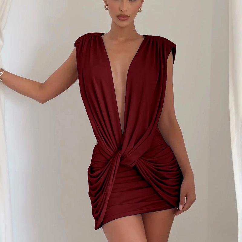 European Fashion 2025 Autumn/Winter Women s Deep V Ruffled Bodycon Mini Dress Small