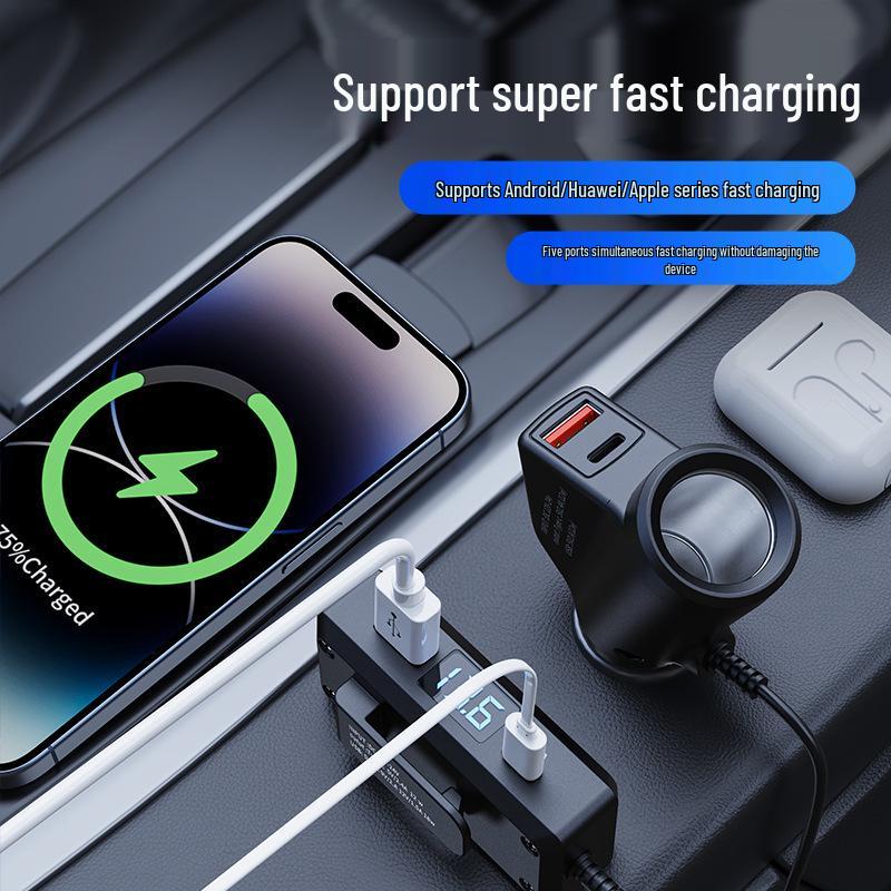 Multifunctional Car Charger with QC3.0+PD Fast Charging, 12V/24V Compatibility, and Voltage Display