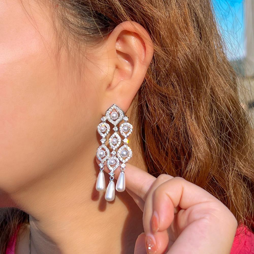 Needle Heavy Industry Pearl Fringed Earrings Retro Court Feng Shui Drop Long Thin Earrings Earrings