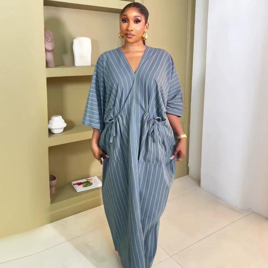 African Women s Lazy V-Neck Loose Fashion Striped Dress Women s European and American Seven-quarter Sleeves Big Pocket Robe S серый