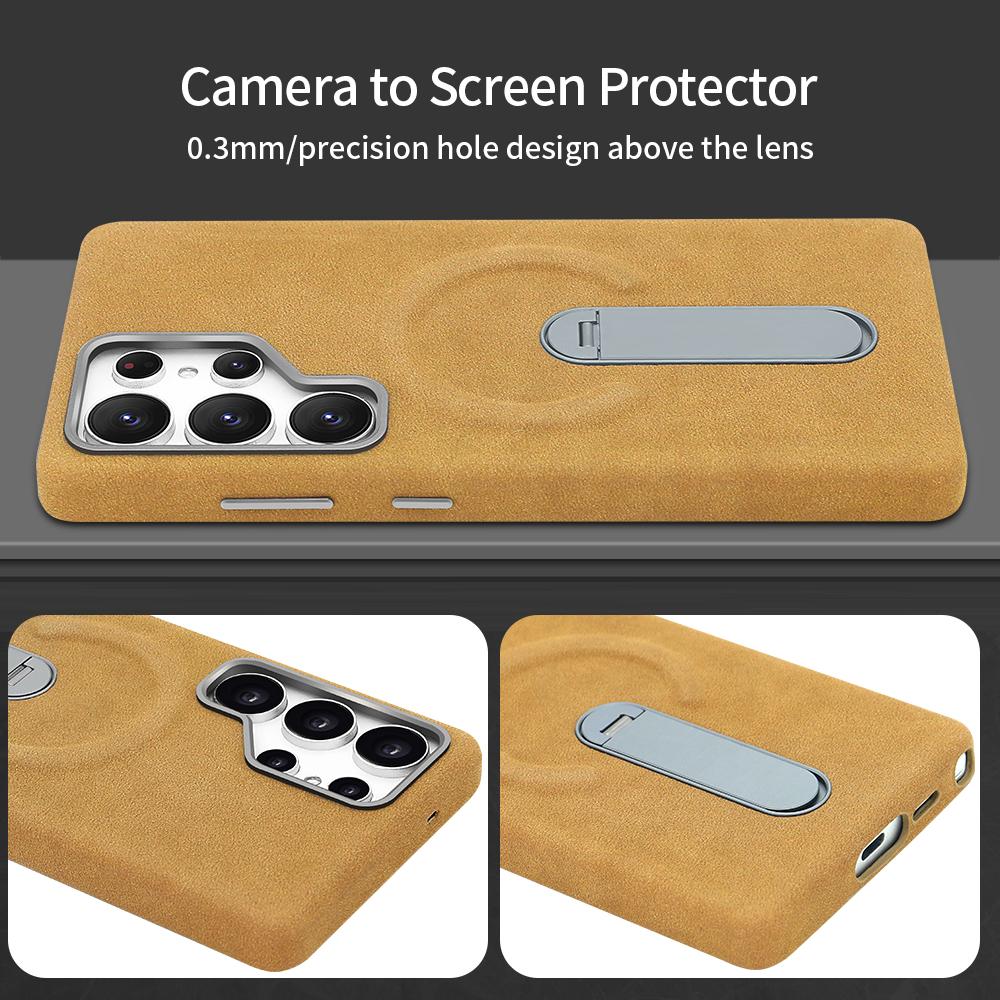 Suede Magnetic Wireless Charging Protective Phone Case with Metal Stand for Galaxy S24 Ultra/ S25 Ultra, Metal Camera Protection