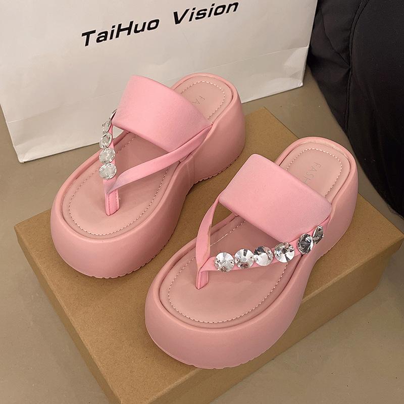 Muffin Zehensteg Pantoletten mit dicker Sohle Damen Sommerbekleidung 2025 neue vielseitige Strass Flip-Flops rutschfeste Strandschuhe