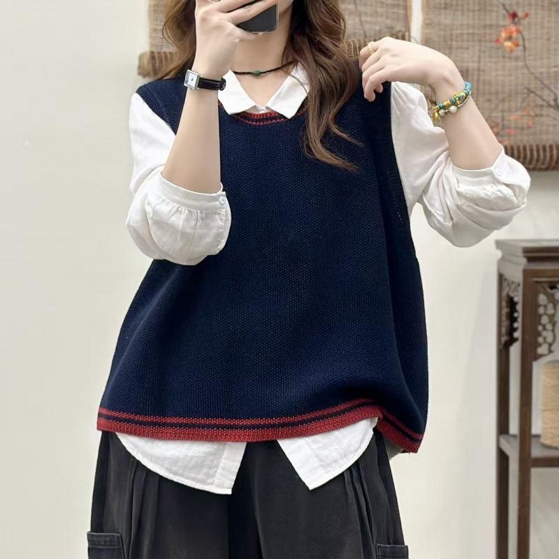 Autumn 2026 Women's Solid Color Sleeveless Knit Vest - Artistic Round Neck, Loose Cotton Thread Sweater Design.