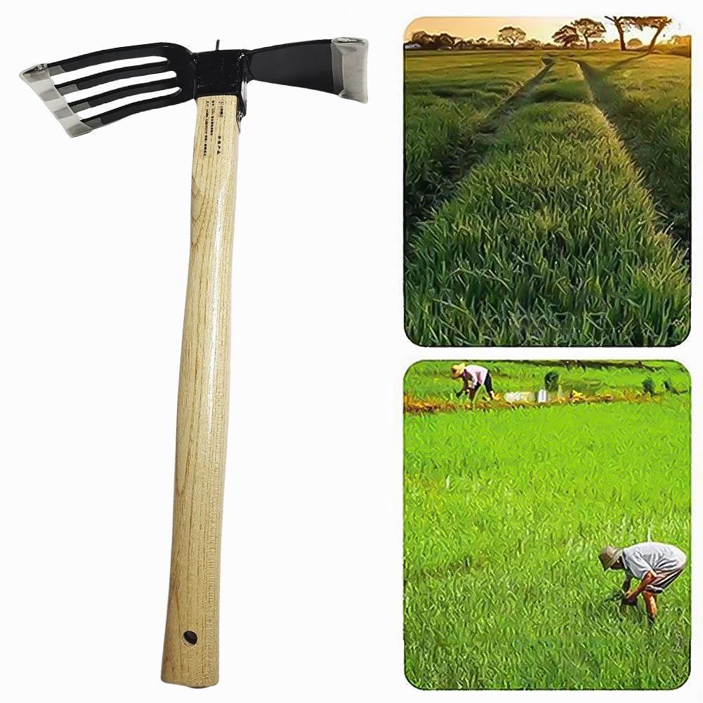 Hand Cultivator with Wooden Handle Garden Hand Rake Tool Dual-purpose Hoe Mini Hoe and Cultivator for Loosening Or Weeding Soil