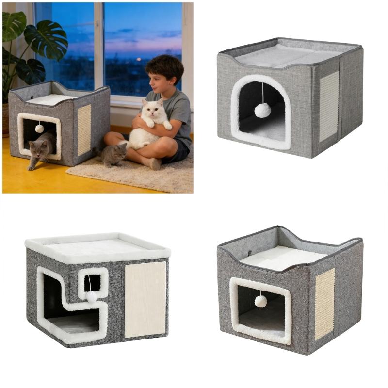 Double Layer Cats Cave Bed with Scratching Pad Foldable Design Space Saving Cats Shelter House for Indoor Habitats