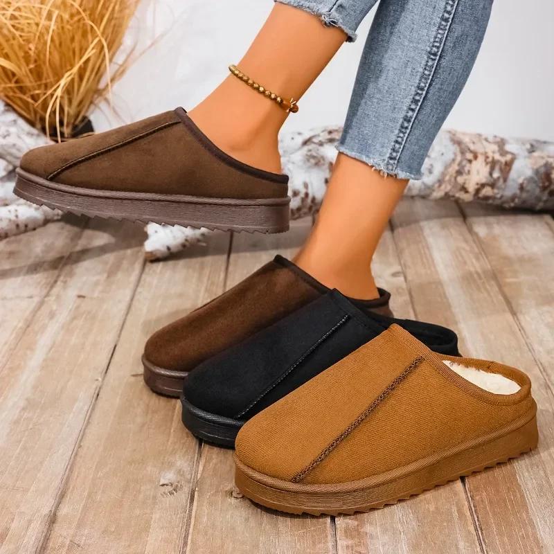 Fashion Women's Large Size Cotton Slippers Round Toe Winter Boots Fleece Lined Slip On Booties Comfortable Casual Footwear