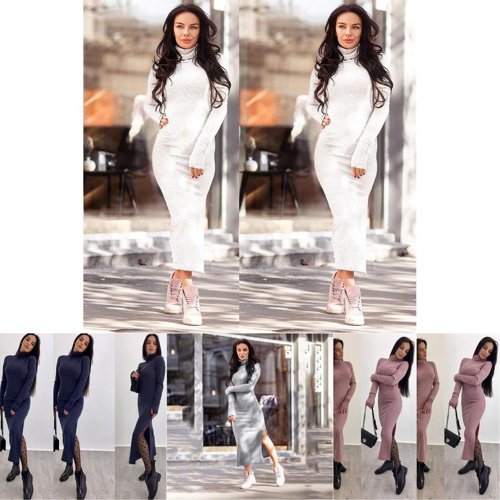 Luxurious Autumn And Winter Women's High Collar Sweater Dress In Solid Color